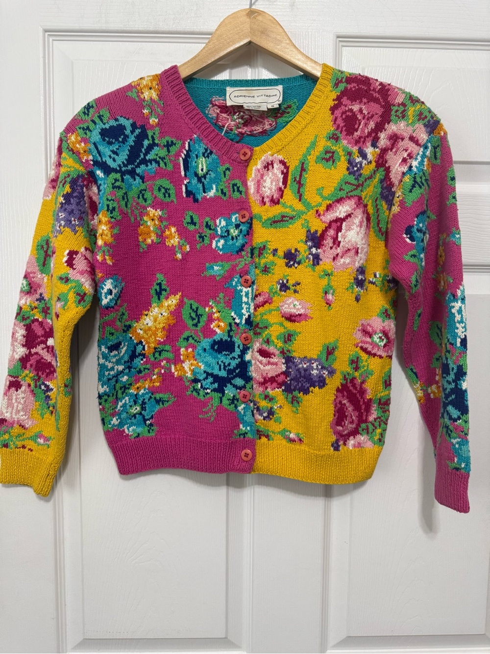 VINTAGE Adrienne Vittadini Turquoise Floral Knit Cardigan with Pink Accents S